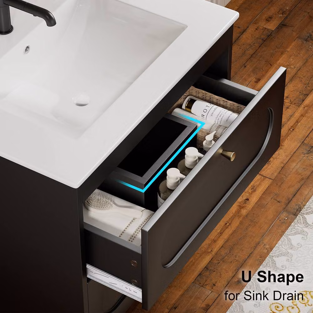 KEEPREAPER Wall Hung Bathroom Vanity Unit with Basin and 2 Soft-Close Drawers in Black and Gold – 4