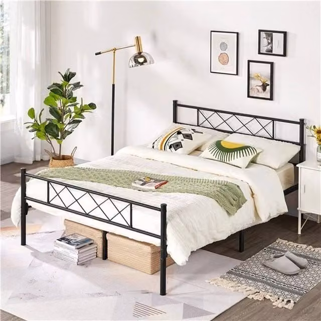 Kelvenix Metal Slatted Double Bed Frame in Black, W/D/H: 140 x 200 x 88.5 cm