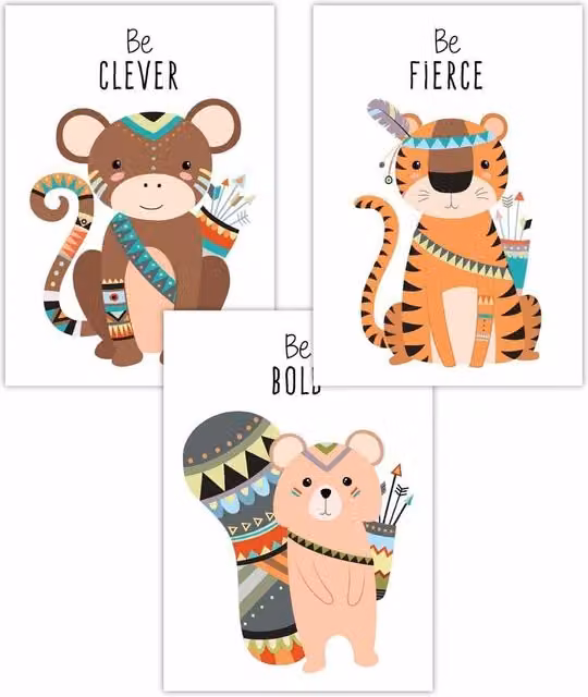 ARTZE Set of 3 Tribal Animal Nursery Wall Posters with Quotes, Orange and Multicolour, W: 59 cm, H: 84 cm