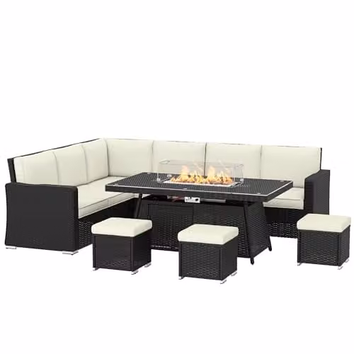 Outsunny 7 Piece Beige Rattan Garden Furniture Set with U-Shape Sofa, Ottoman, Coffee Table and Removable Cushions