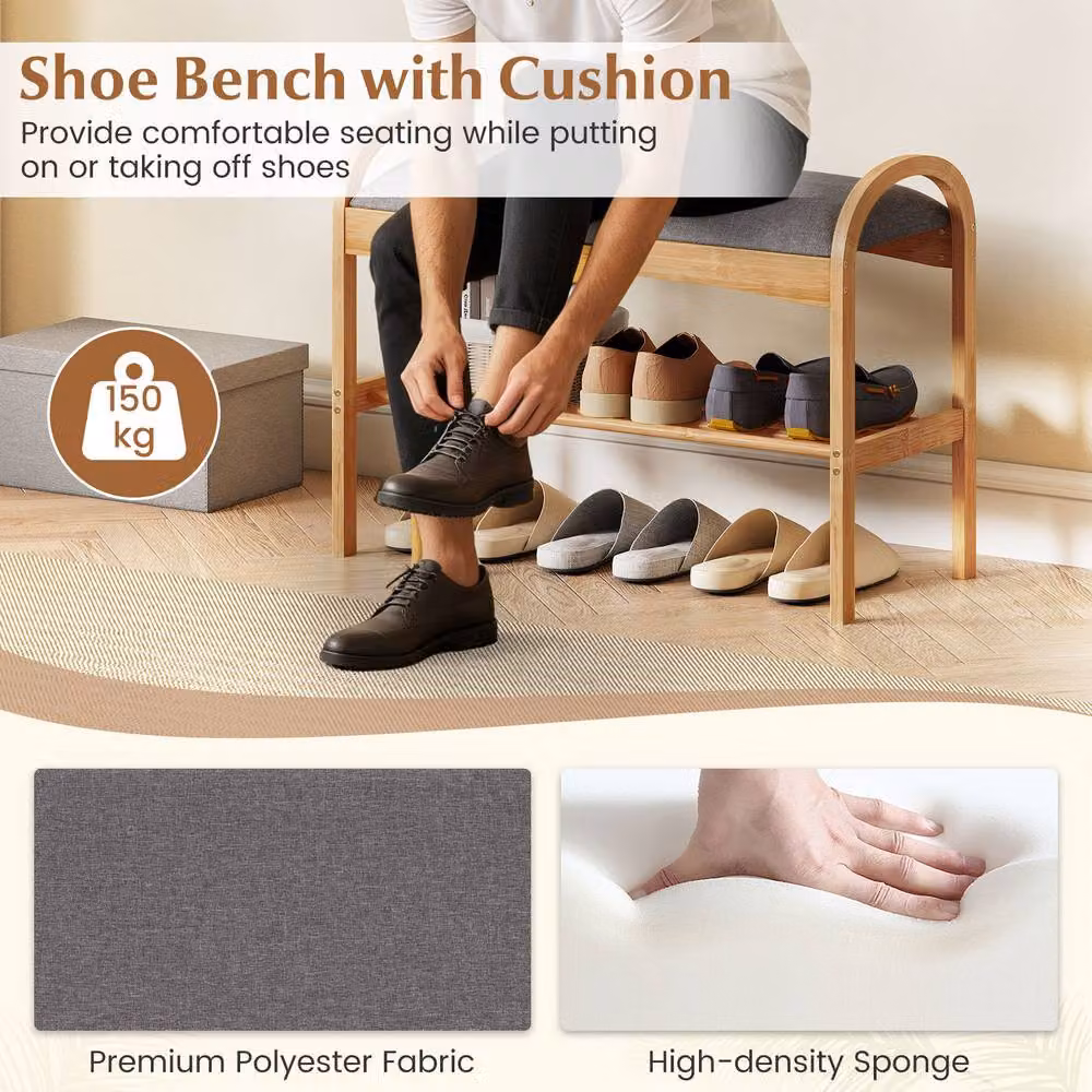 Gymax 2-Tier Bamboo Shoe Bench with Padded Fabric Cushion in Grey – 6