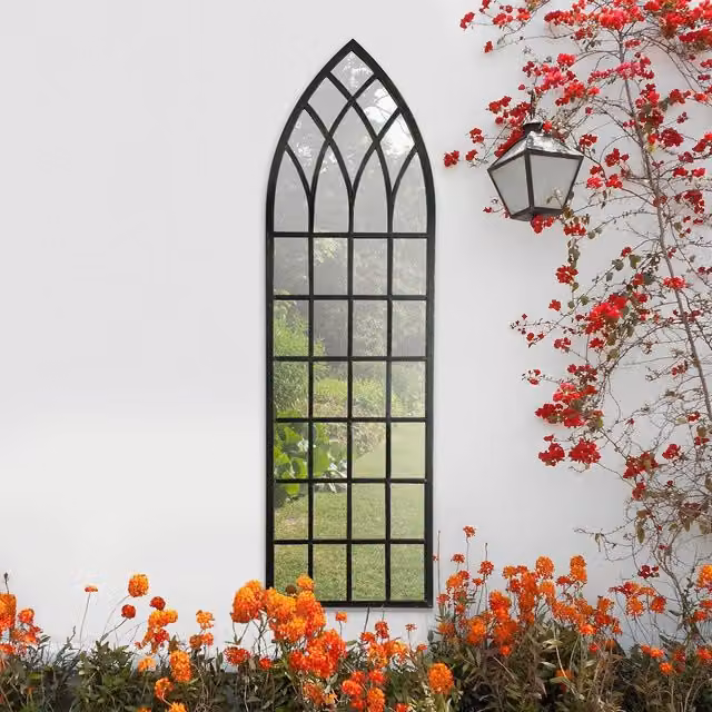 MirrorOutlet Rustic Arch Large Outdoor Garden Wall Mirror in Antique Black, H 160 cm x W 47.5 cm