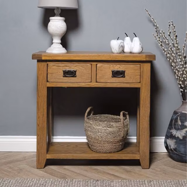 Elm Home And Garden Rustic Oak 2 Drawer Hall Console Table, Brown