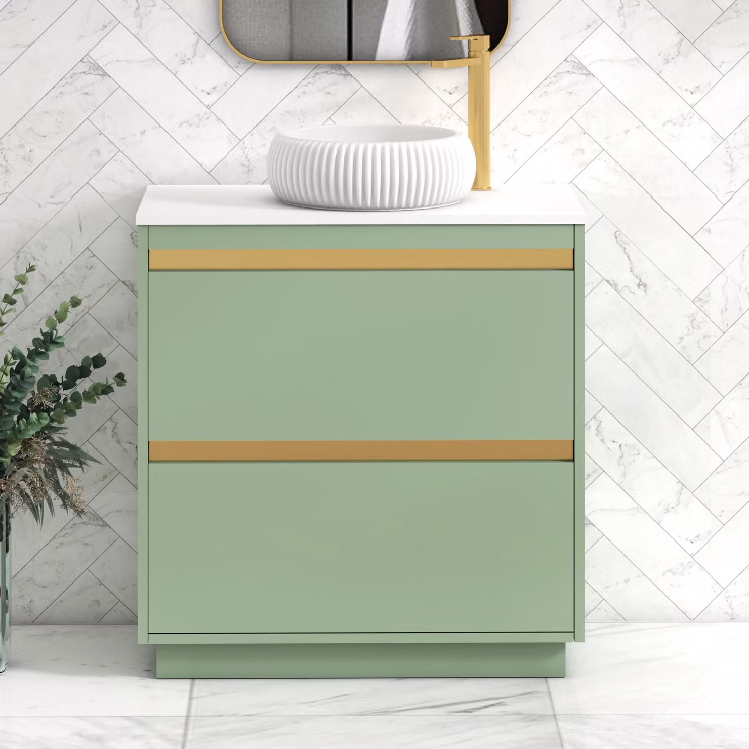 Royal Bathrooms Orion 800mm Mint Sage Floor Standing 2 Drawer Vanity Unit with Milan Basin and Brushed Brass Accent Trim