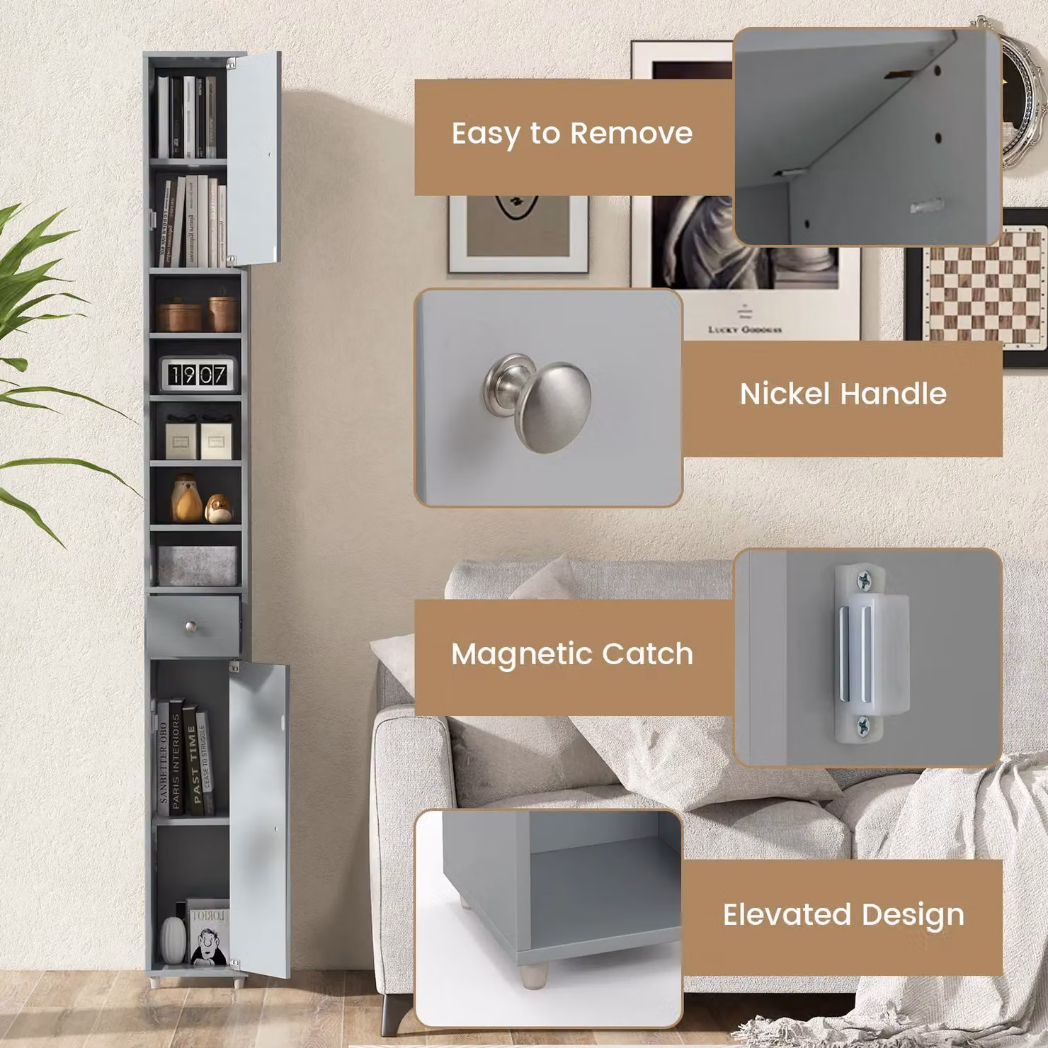 Gymax Slim Grey Bathroom Tall Linen Tower with 2 Doors and 1 Drawer – 5