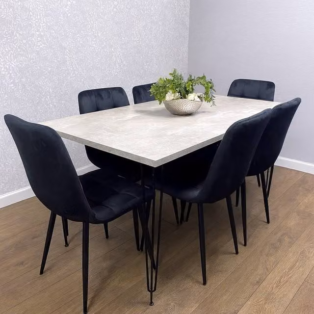 KOSY KOALA Modern Rectangular Dining Table Set with 6 Black Velvet Chairs in Brown and Grey – 1