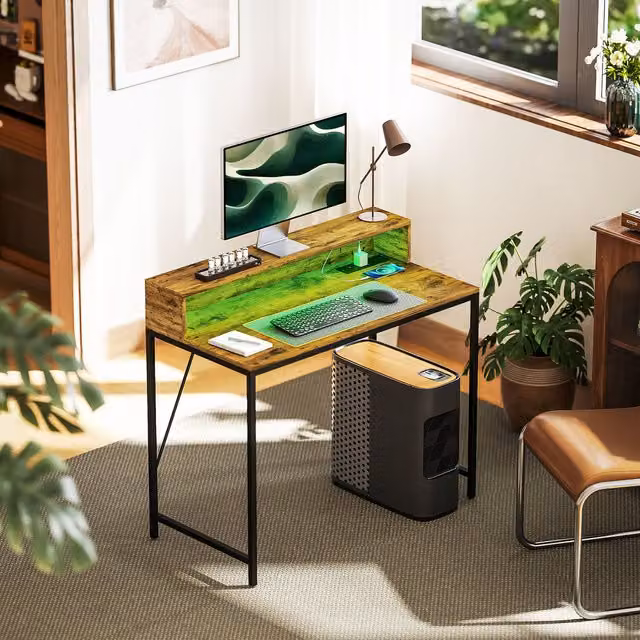 HOMCOM Computer Desk with LED Lights and Power Outlets in Rustic Brown, Width: 100 cm