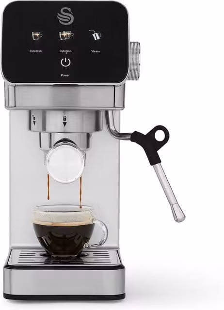 Swan Digital Espresso Coffee Maker with Touch Display and Steam Wand in Silver Stainless Steel