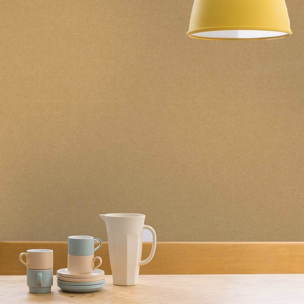 Grandeco Panama Plain Textured Linen Fabric Wallpaper in Yellow and Grey