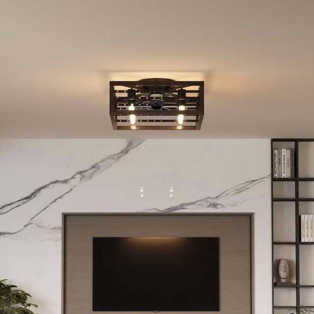 Livingandhome RGB Square Lampshade Ceiling Fan Light with Remote Control in Dark Wood and Black