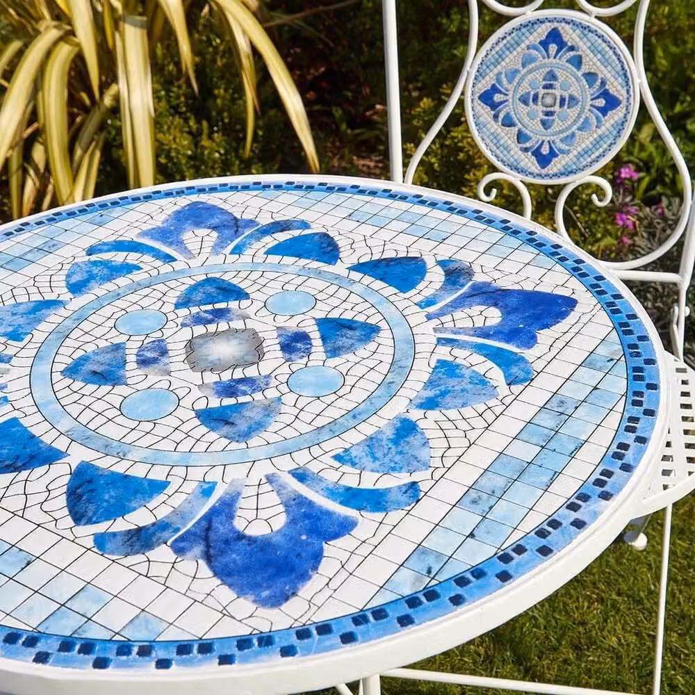 SPETLEK 3 Piece White Mosaic Bistro Set with Round Ceramic Table and Metal Chairs – 4
