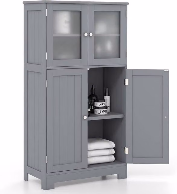 Costway Grey Freestanding Bathroom Floor Cabinet with 2 Tempered Glass Doors and Internal Shelves