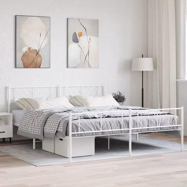 Berkfield Home Metal Bed Frame with Headboard and Footboard in White W: 183 cm, L: 213 cm – 1