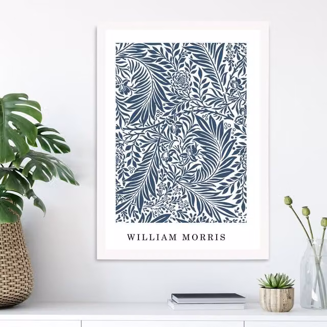 ARTZE Vintage William Morris Larkspur Floral Art Print in Navy and White with White Frame, A2