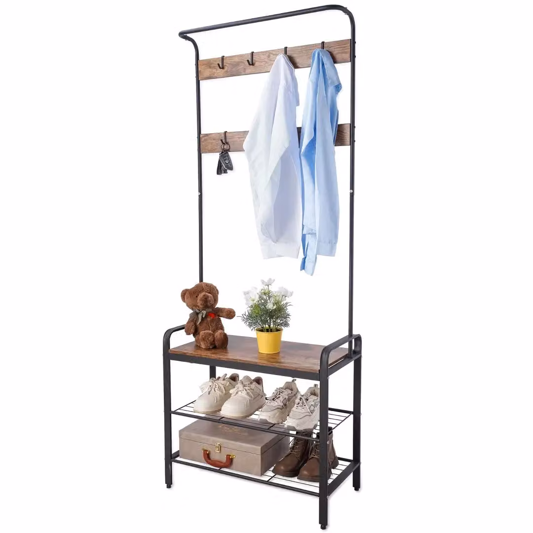 EONLION Modern Hall Tree with Shoe Bench and Coat Hooks in Brown – 2