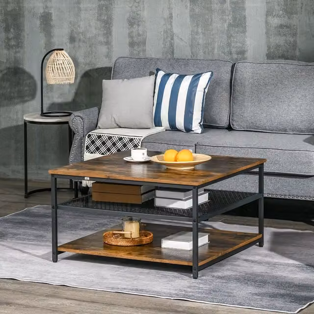 HOMCOM Industrial Coffee Table with 3-Tier Storage Shelves in Brown