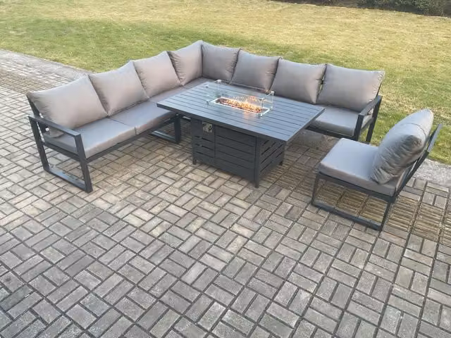 Fimous Aluminium Lounge Corner Sofa and Gas Fire Pit Dining Table Set in Dark Grey