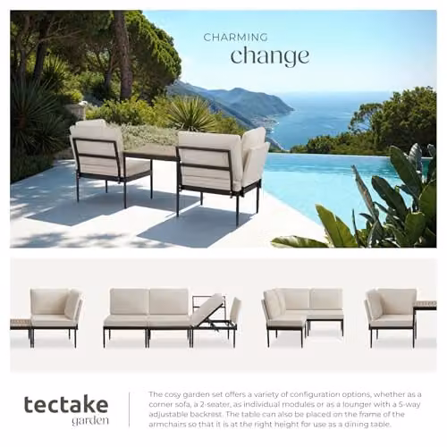 tectake 5-in-1 Modular Garden Furniture Set with Anthracite Powder Coated Aluminium Frame and Beige Upholstered Cushions – 4