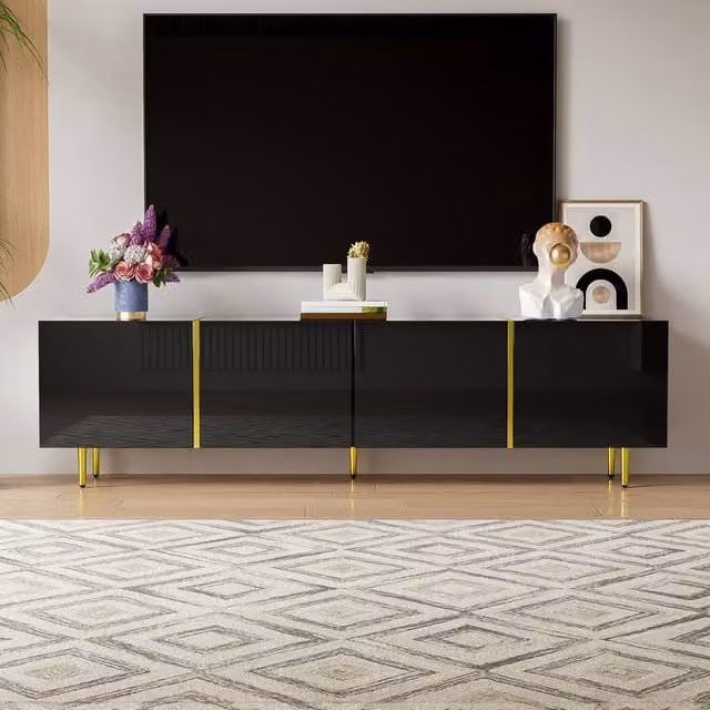 Merax Modern High Gloss Media TV Unit in Black and Gold with Four Doors, W: 170 cm, D: 35 cm, H: 46 cm – 1