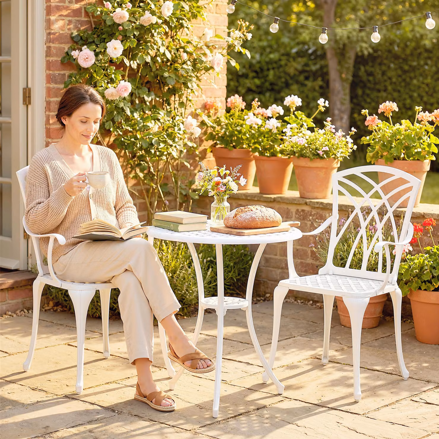 Outsunny 3 Piece Garden Bistro Set, White Powder Coated Cast Aluminium Outdoor Dining Set with Round Table and 2 Chairs – 4