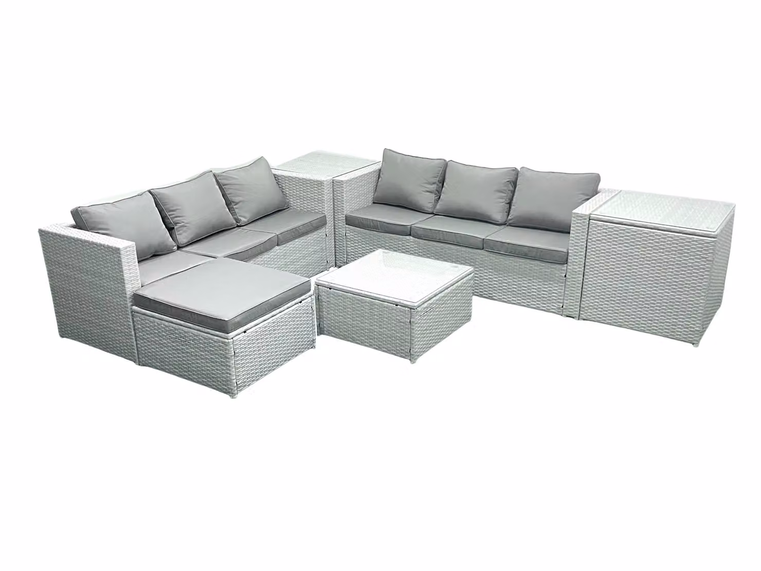 Fimous 7 Seater Rattan Garden Furniture Set in Light Grey with L-Shape Sofa, Ottoman, Coffee Table and Two Side Tables – 2