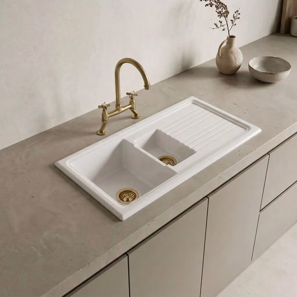 Balterley White Ceramic 1.5 Bowl Reversible Kitchen Sink with Drainer, Bridge Crosshead Mixer Tap and Waste in Brushed Brass, W: 101 cm – 2