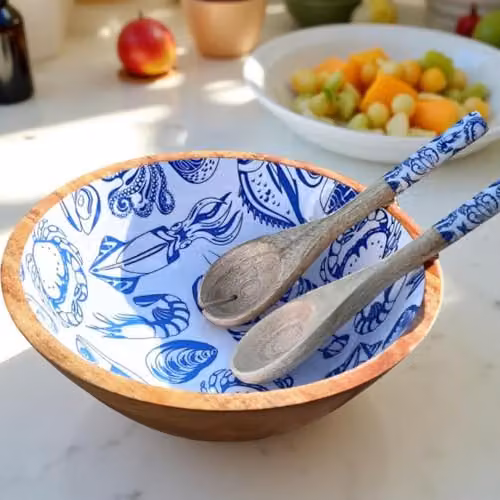 Hartsmede Handmade Mango Wood Salad Bowl Set with Spoons, Ocean Pattern Blue, Diameter: 30.48 cm