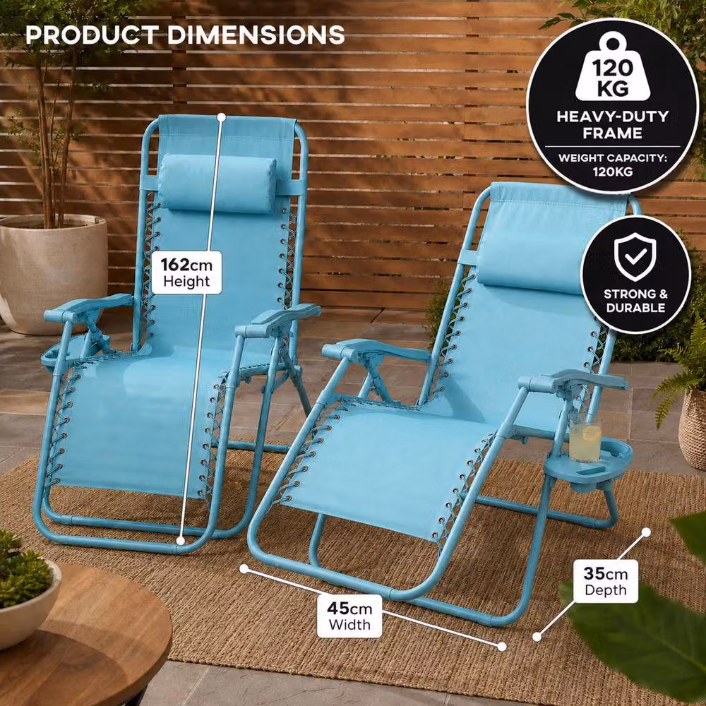 Neo Zero Gravity Recliner Garden Sun Loungers in Aqua Textilene Fabric with Armrests and Adjustable Headrest – 5