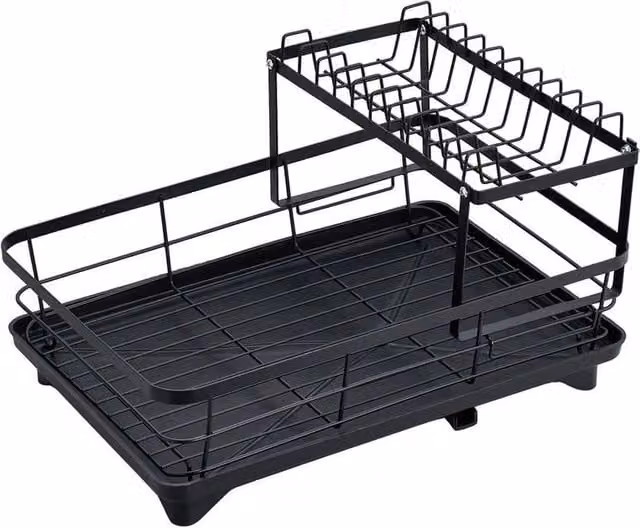 FORGEVIO 2-Tier Kitchen Sink Dish Drainer Rack in Black with Drip Tray and Cutlery Holder – 1
