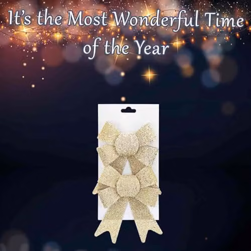 VFM e-Store Tinsel Bows Christmas Decoration, Pack of 2, Gold and Beige, W/D/H: 13 x 17 x 4.5 cm – 3