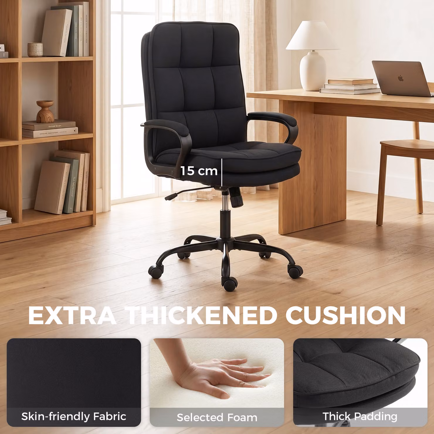 HOMCOM Black Linen-Look Double Padded Task Office Chair with Armrests and Castors – 5