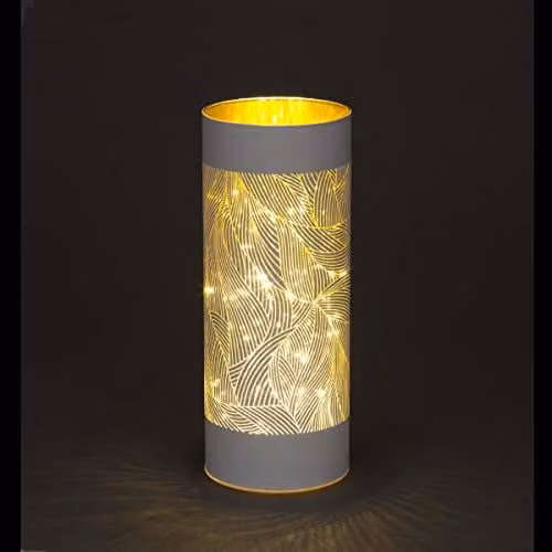 SHATCHI Silver Feather Design Etched Glass Vase Table Lamp with LED Fairy Lights, H 20 cm
