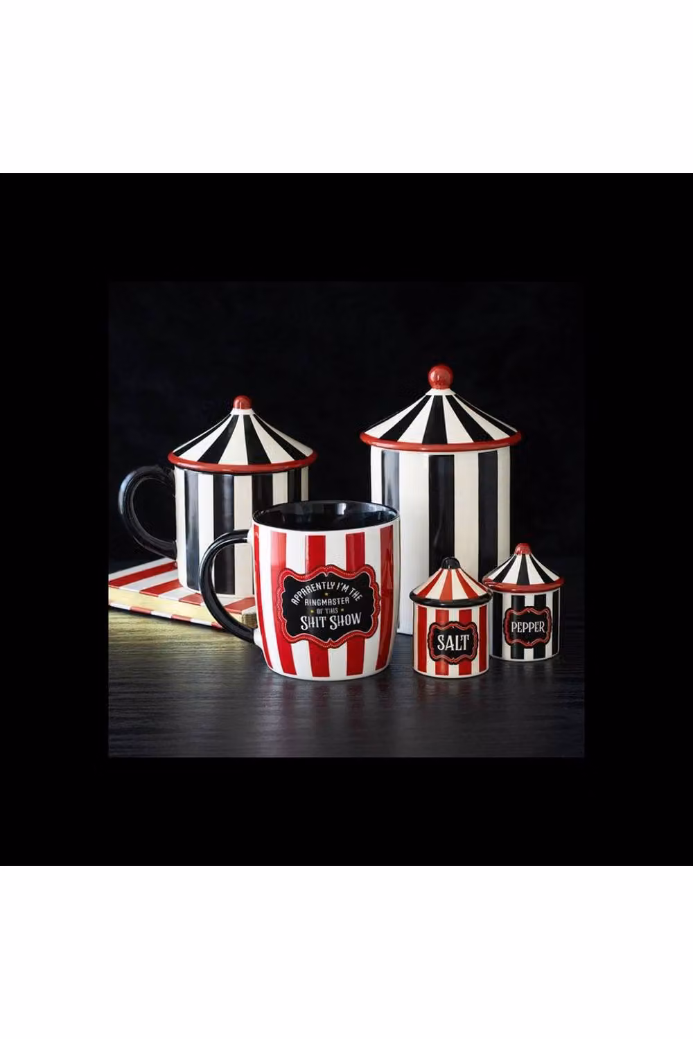 KDMD Circus Tent Red and Black Striped Ceramic Salt and Pepper Shakers – 3