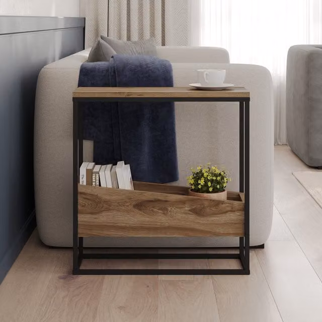 Decortie Lido End Table with Angled Open Storage in Whiskey Oak Brown