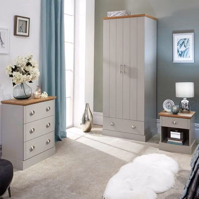 GFW Kendal 3 Piece Grey Bedroom Set Including 2 Door Wardrobe, 3 Drawer Chest and 1 Drawer Bedside Table – 1