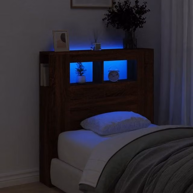 Berkfield Home LED Headboard in Brown Oak, W/D/H: 100 x 18.5 x 103.5 cm