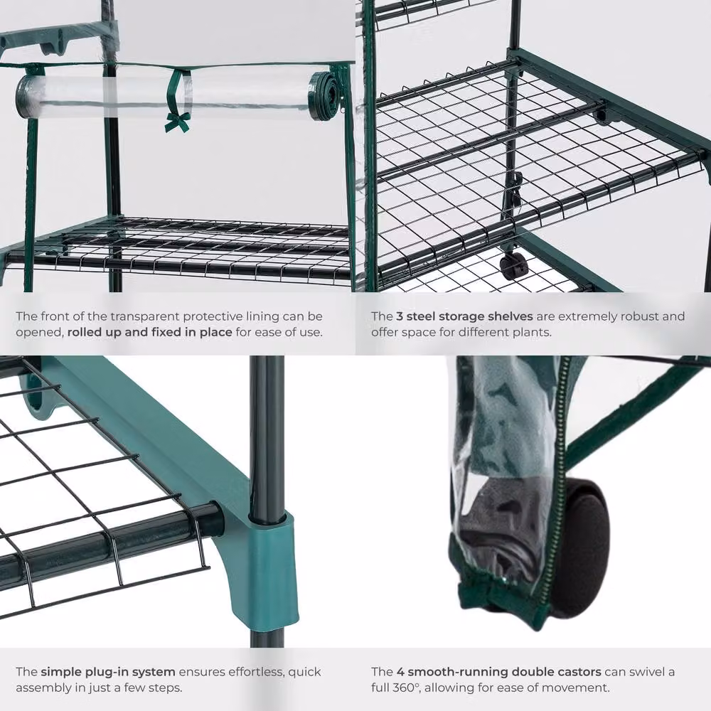 tectake Greenhouse with Wheels, 3 Shelves and Transparent Tarpaulin Cover, W/D/H: 69 x 49 x 133 cm – 4