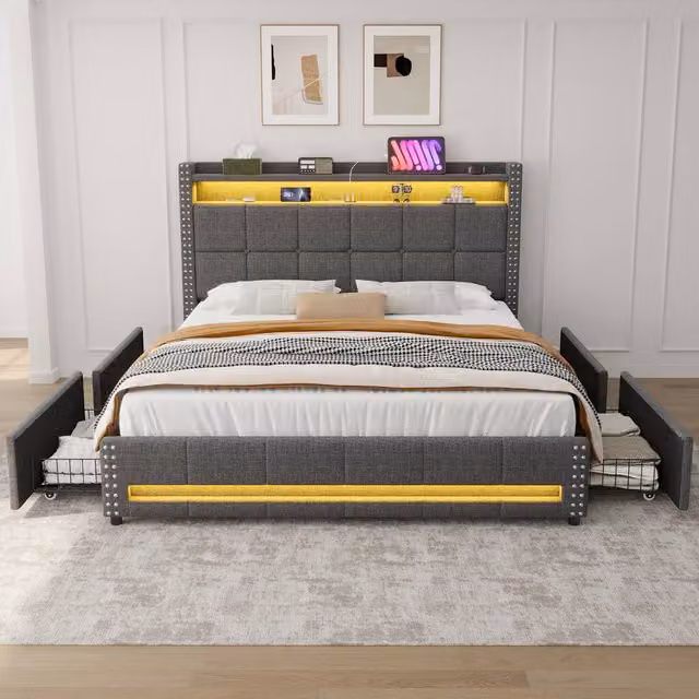 Matteo Double Upholstered Bed in Grey with 4 Storage Drawers, USB Charging Ports and Under-Bed Lighting, 140 x 200 cm