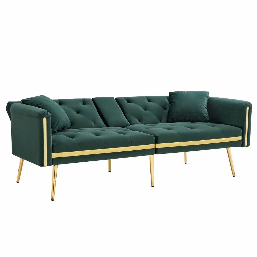 BTM 2 Seater Velvet Sofa Sleeper in Green with Gold Accents, featuring Adjustable Headrest and Cup Holders, W/D/H: 174 x 76 x 71.5 cm – 10