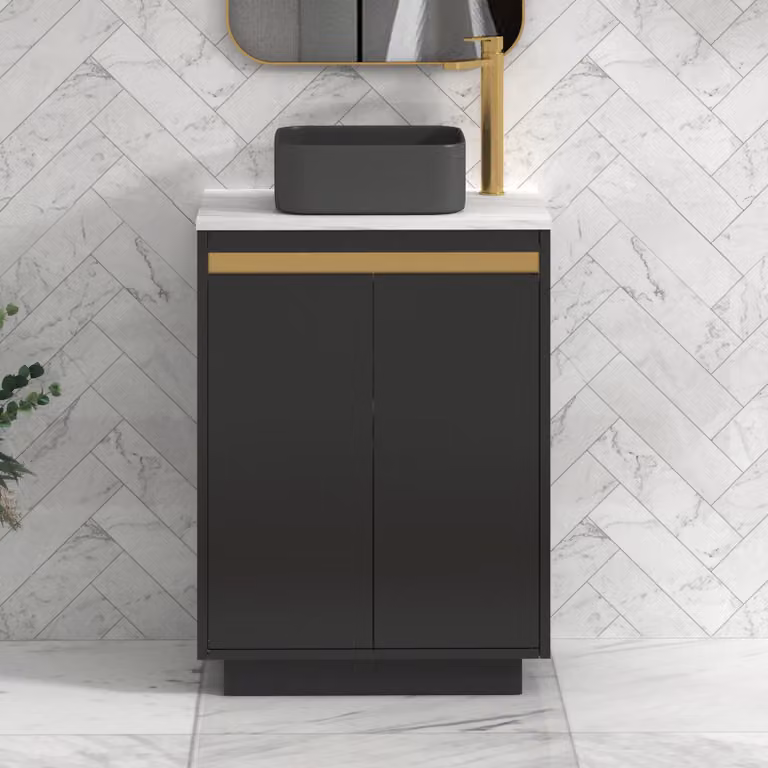 Royal Bathrooms Orion 800mm Matt Obsidian Black Floor Standing Countertop Vanity Unit with Art Square Basin and Brushed Brass Accent Trim