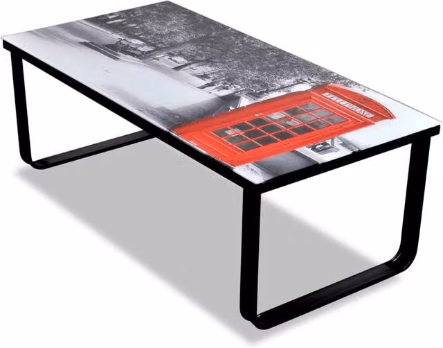 Berkfield Home Modern Rectangular Coffee Table with Abstract Telephone Booth Printing Glass Top and Black Metal Sled Base – 1