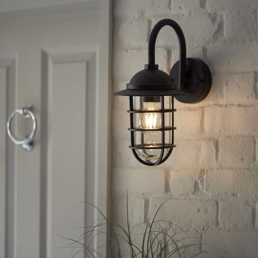 Loops Modern Caged Outdoor Wall Light in Black with Transparent Glass Shade, IP44 Rated – 3