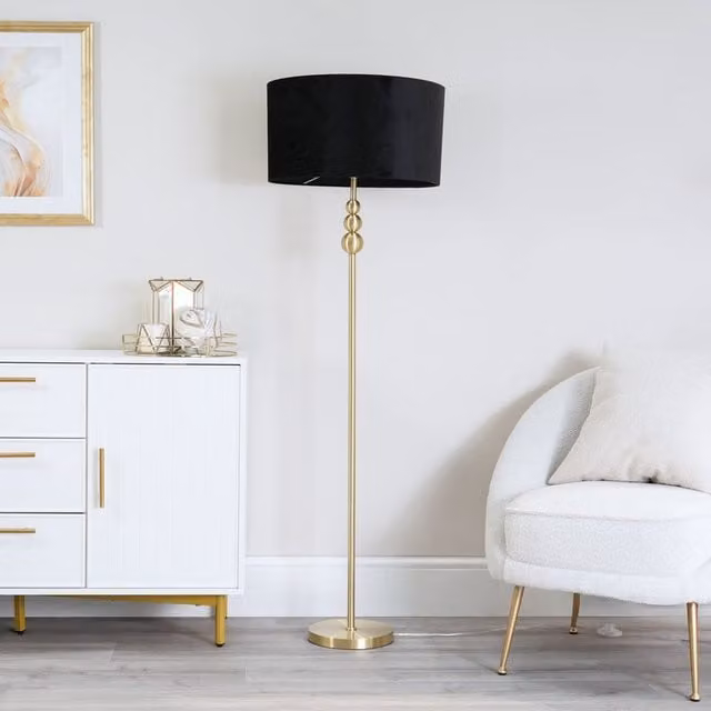 Marissa Stacked Floor Lamp with Black Velvet Drum Shade and Gold/Brass Accents