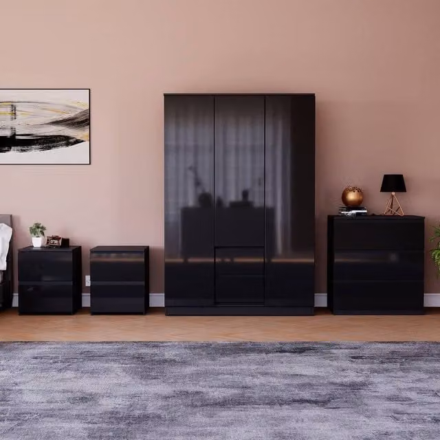 Vida Designs Glinton 4 Piece Modern Glossy Black Bedroom Set – 1