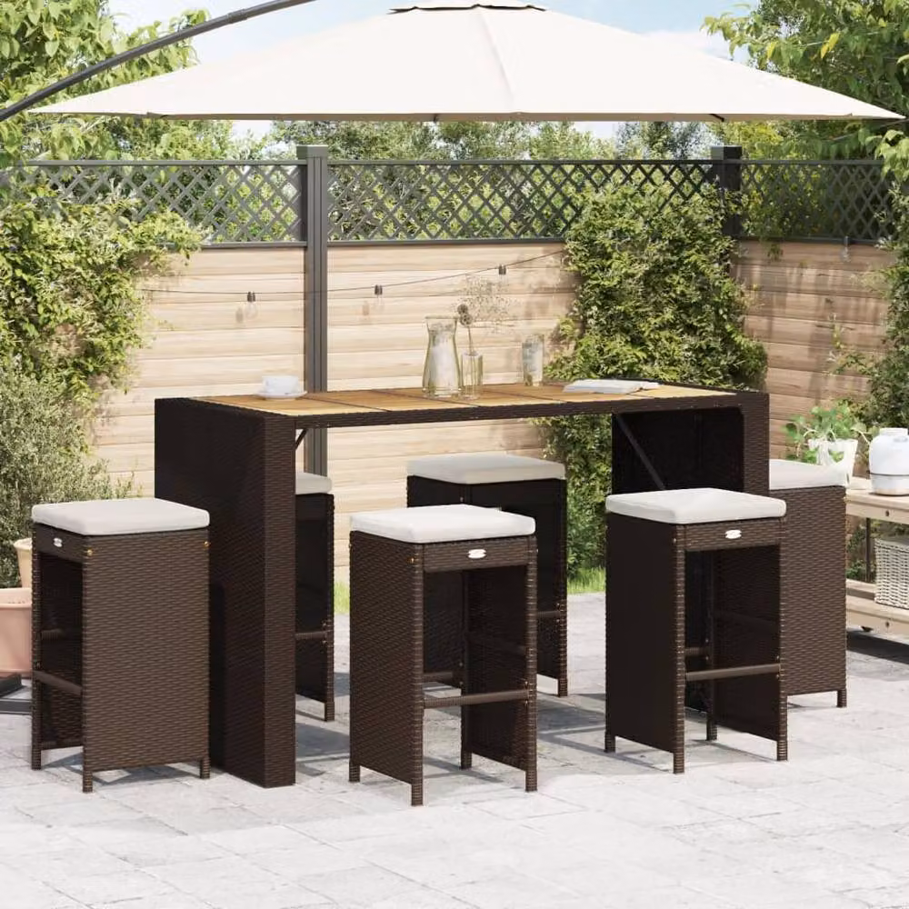 Berkfield Home Set of 6 Modern Brown Poly Rattan Garden Bar Stools with Cushions – 2
