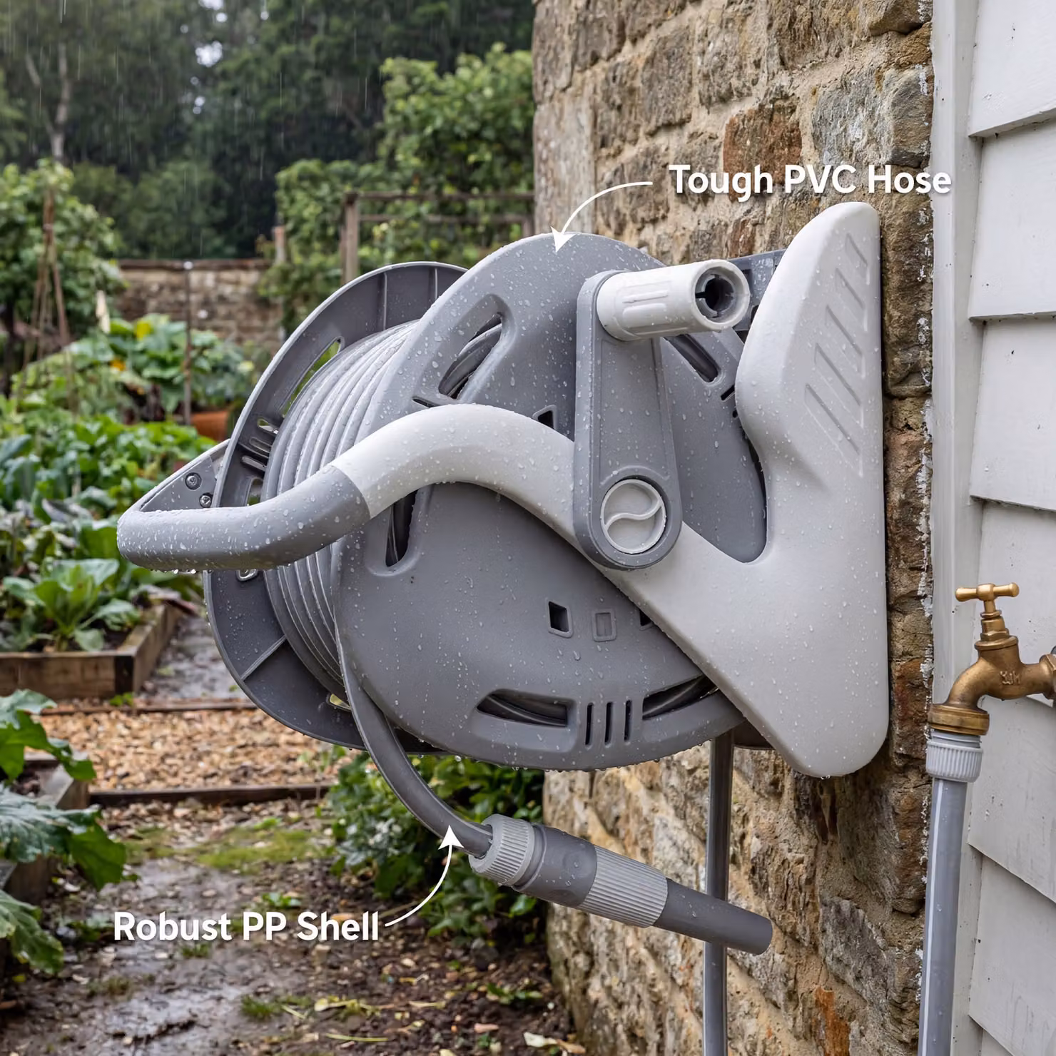 Outsunny Wall Mounted Portable Garden Hose Reel with Crank Handle and Spray Nozzle, Grey – 5