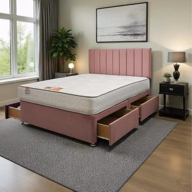 Knight Sleep Paris Plush Double Bed Set with Mattress and 4 Drawers in Pink