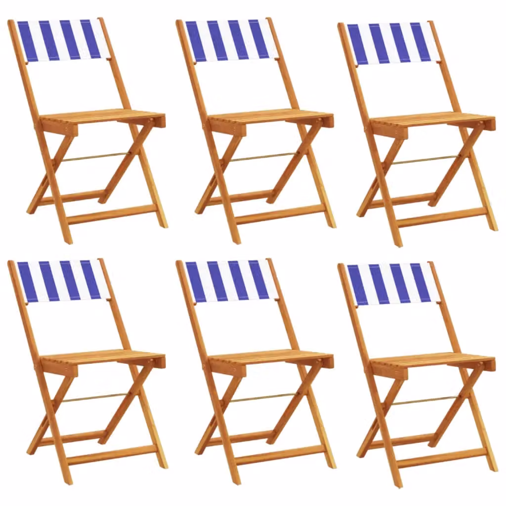 Berkfield Home Set of 6 Folding Acacia Wood Garden Chairs with Blue and White Striped Fabric – 2