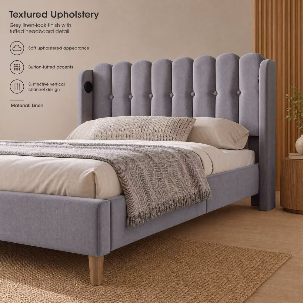 STILVORA Modern Upholstered Double Bed Frame in Grey with USB Charging Port, W/D/H: 140 x 200 x 137 cm – 4