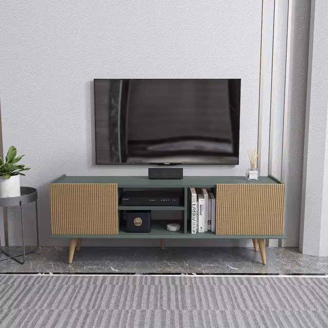 Decorotika Ekvador TV Unit in Brown and Green with Silva and Rattan Pattern
